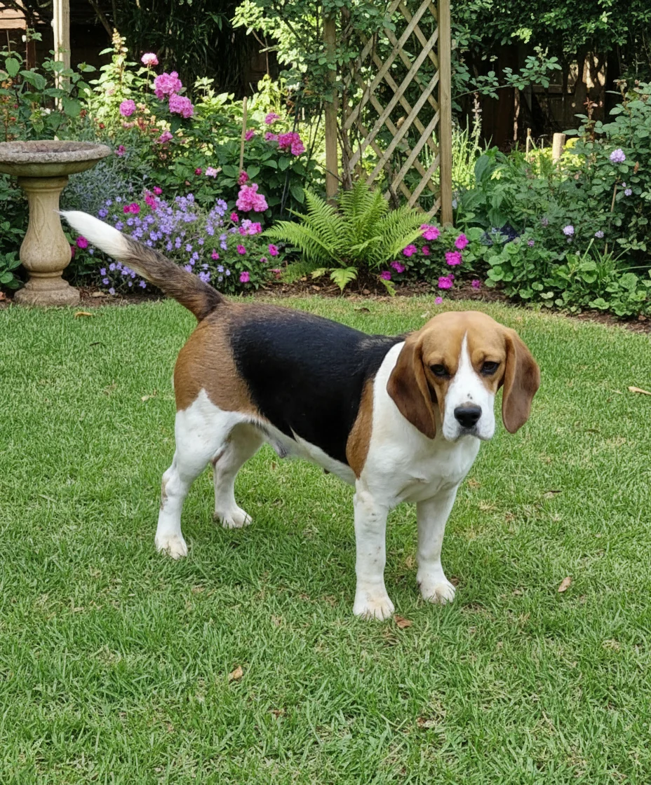 Tricolor adult Beagle standing on a lawn in a flowering garden