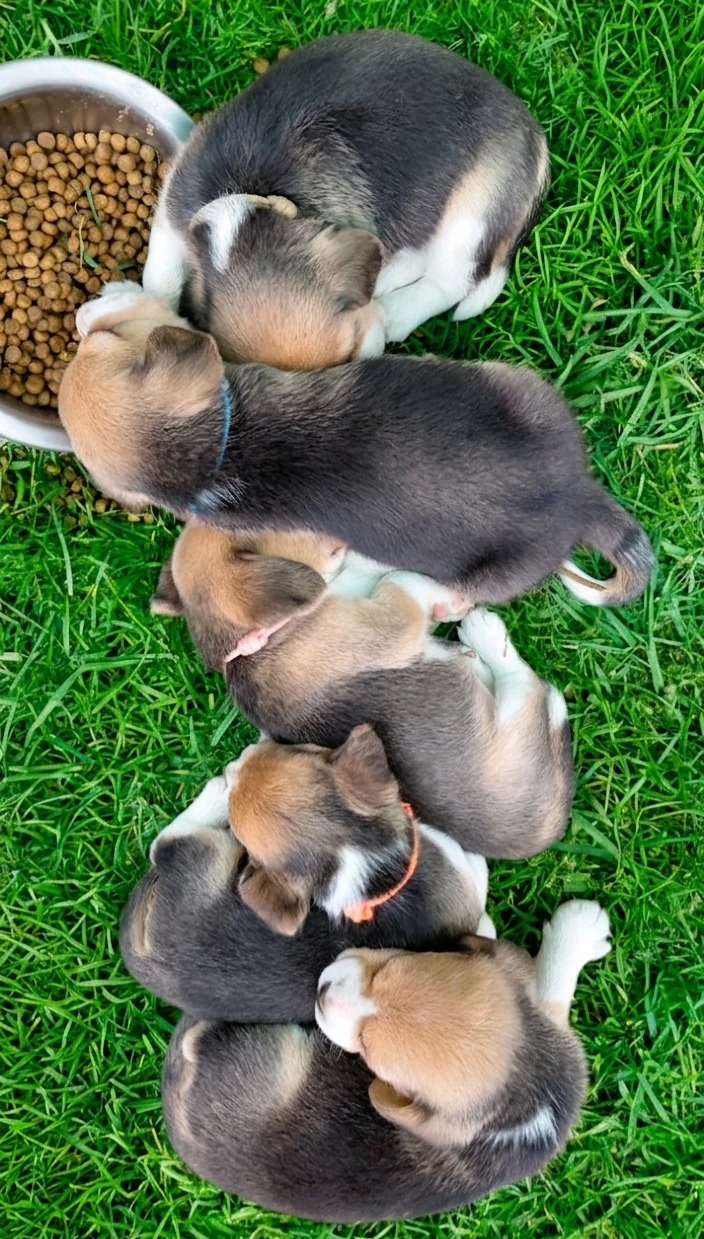 Beagle puppies gathered around a food bowl on the grass