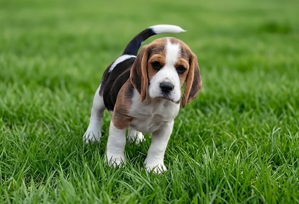 Beagle puppy exploring on the grass with its tail raised