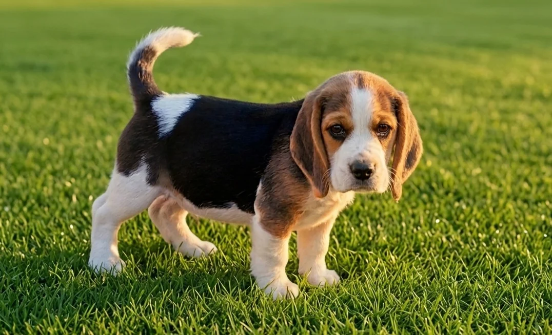 Tricolor Beagle puppy standing alert on a lawn with its tail up