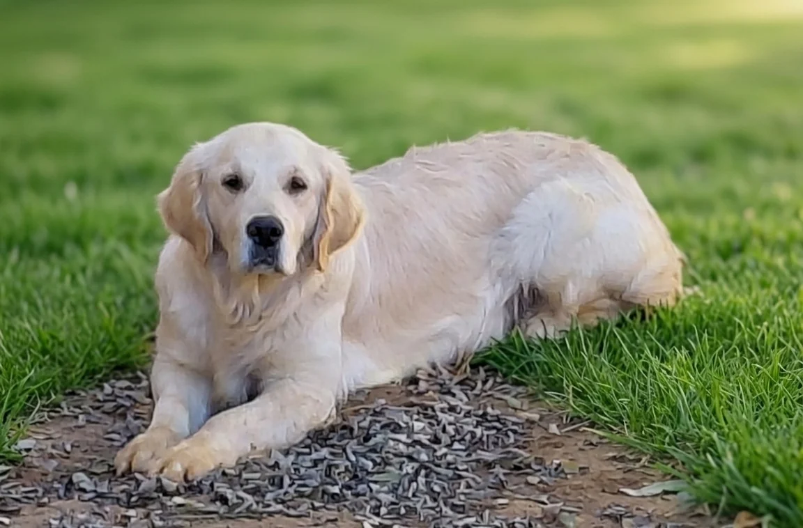 Cream Golden Retriever lying on the grass and looking towards the camera