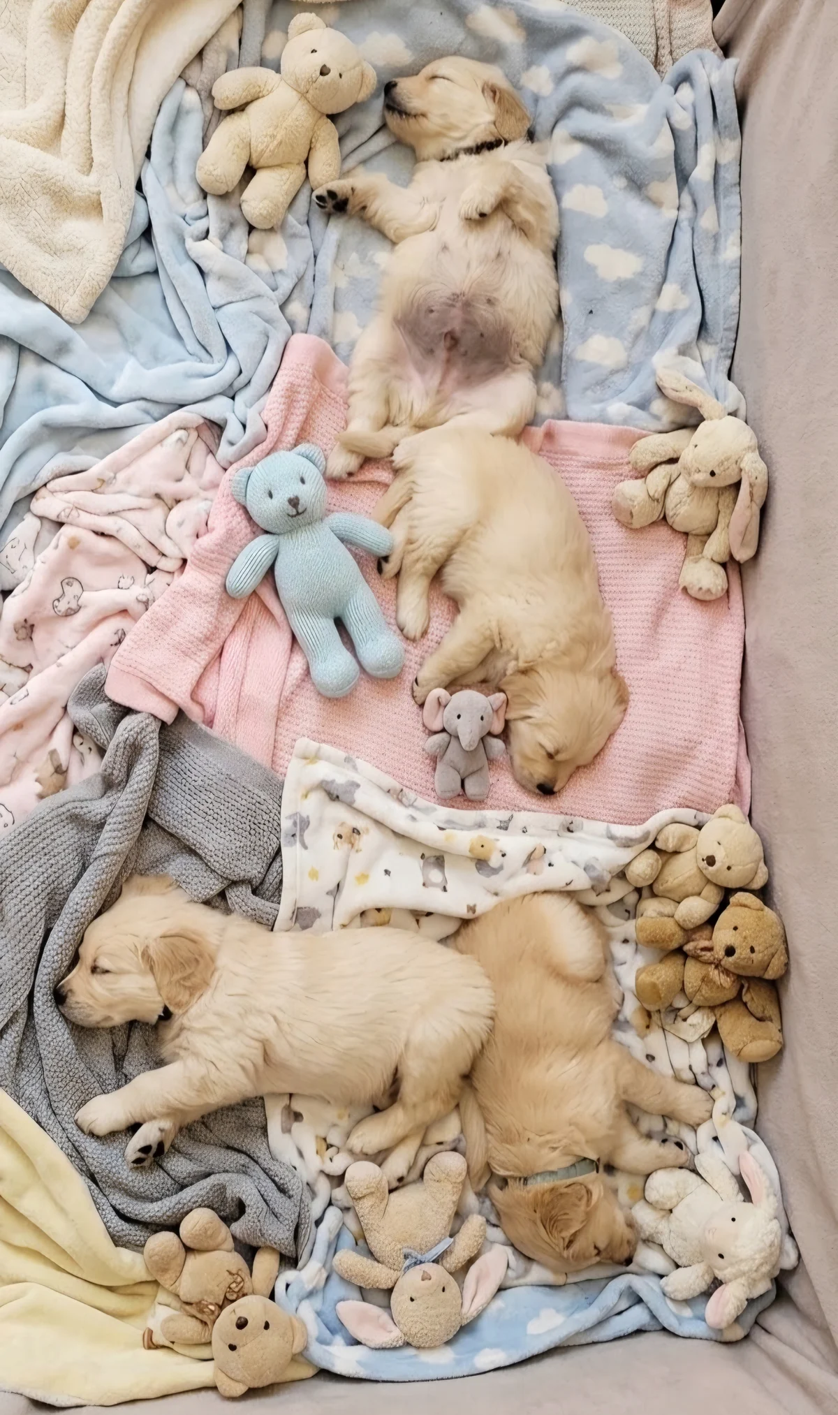 Litter of cream Golden Retriever puppies sleeping on blankets among soft toys
