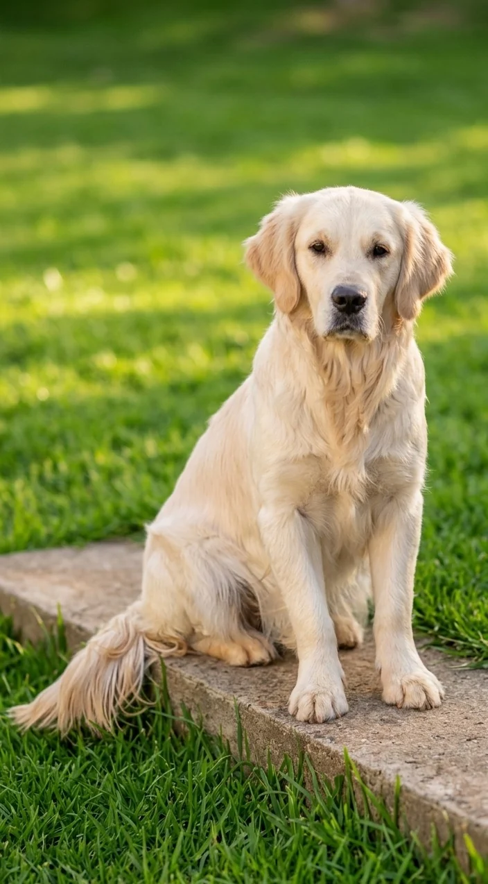Cream Golden Retriever sitting on a garden step on a green lawn