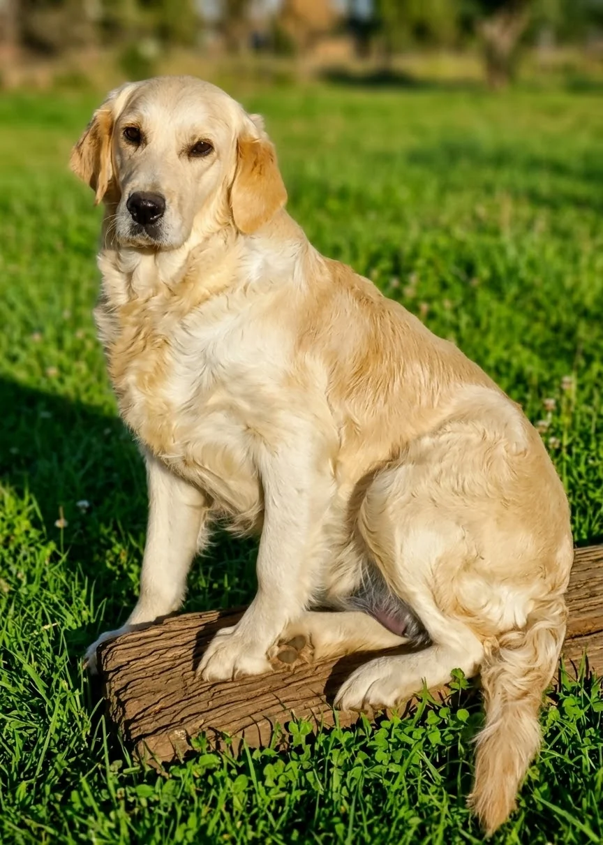 Cream adult Golden Retriever Lucy sitting on a wooden log in a sunlit garden